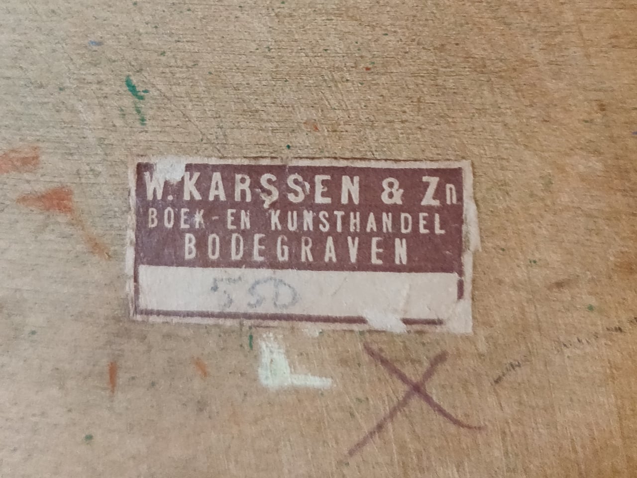 Sticker van de boek- en kunsthandel W. Karssen & Zn. uit Bodegraven (jaren 1930)